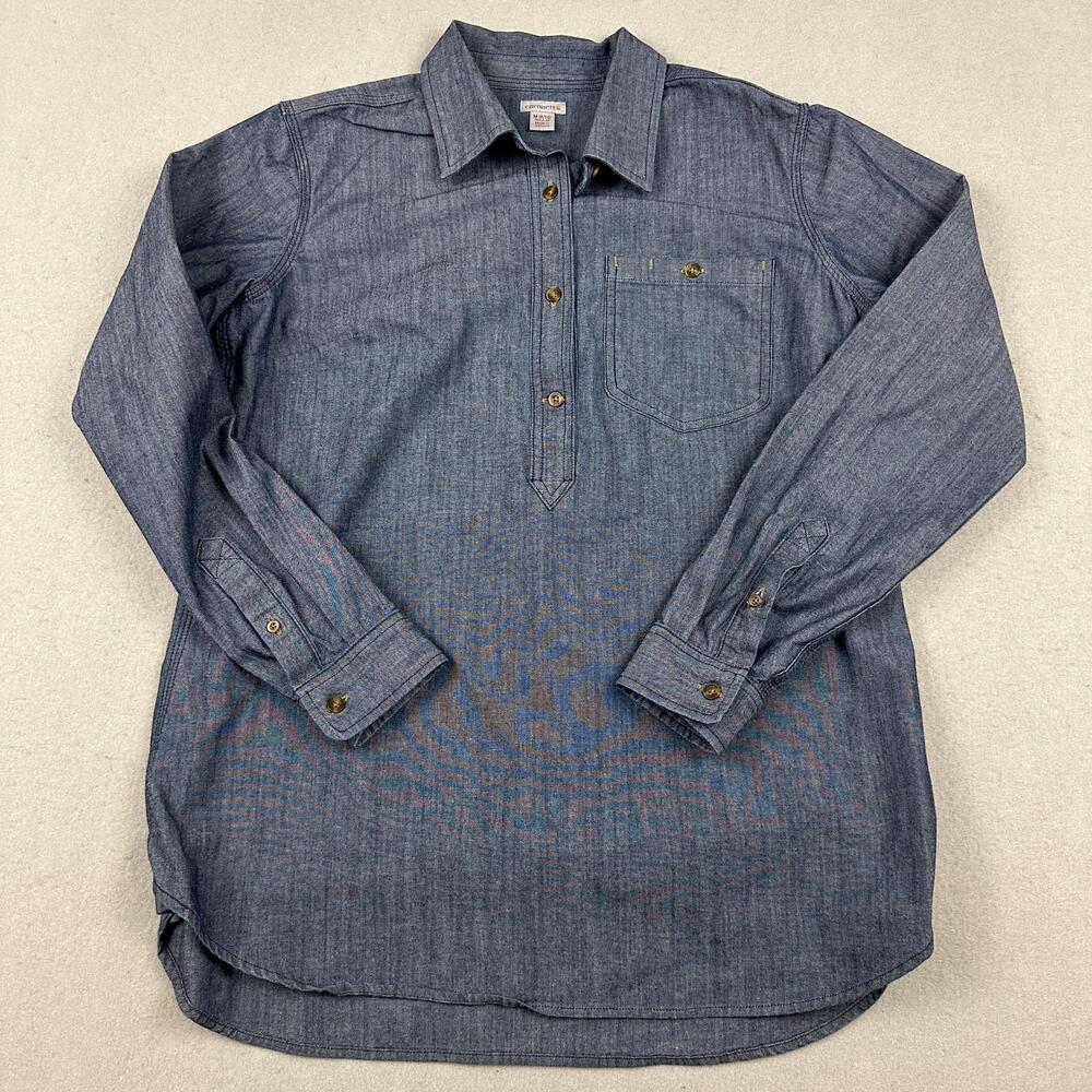 Carhartt Shirt Boys Medium Blue Chambray Pullover Button Up Pocket Stretch